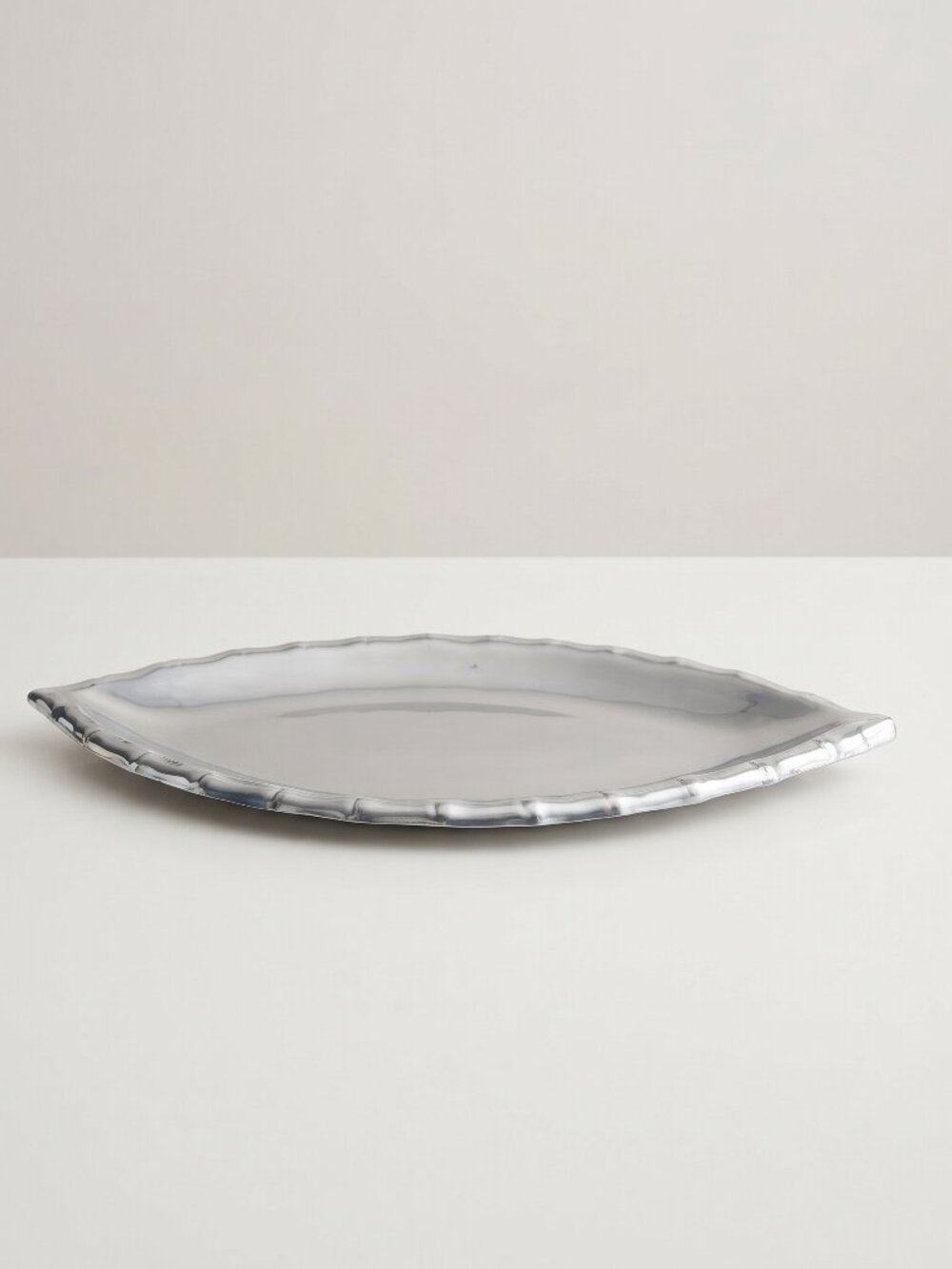 Silver India Tone Metal Leaf Shaped Oval Tray Platter Botanical Decor 16.5"